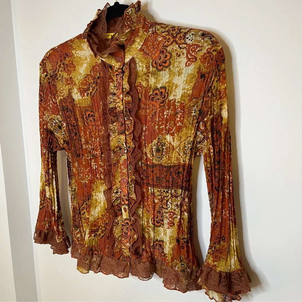 VINTAGE Lloyd Williams Long Sleeve Blouse Print Plisse Lace Trim High Neck (CN) - Picture 4 of 16